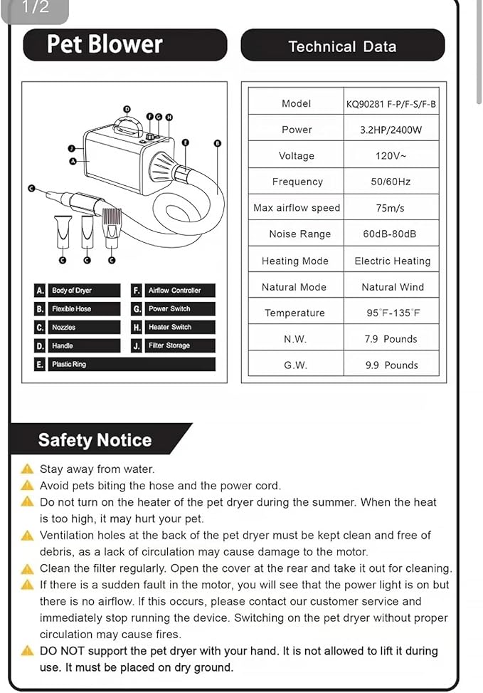 2400w 75m/s Dog Dryer for Pet Grooming, High Velocity Pet Hair Dryer with Heater, Adjustable Speed, 4 Nozzles and a Comb, Black