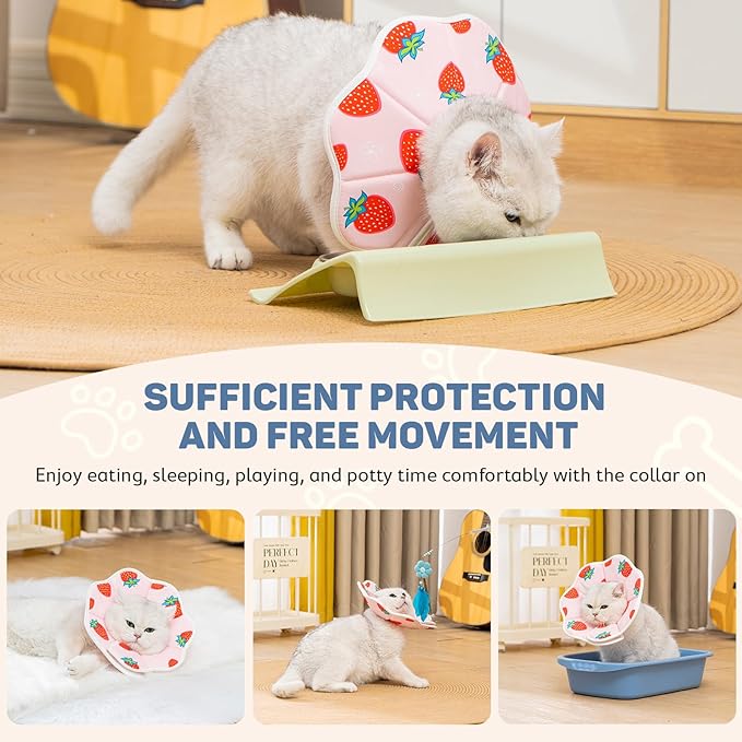 Avont Soft Cat Recovery Cone Collar, Adjustable Lightweight Kitten E-Collar for Small Dogs, Comfortable Neck Donut Stop Licking Scratching After Surgery -Strawberry(XS)