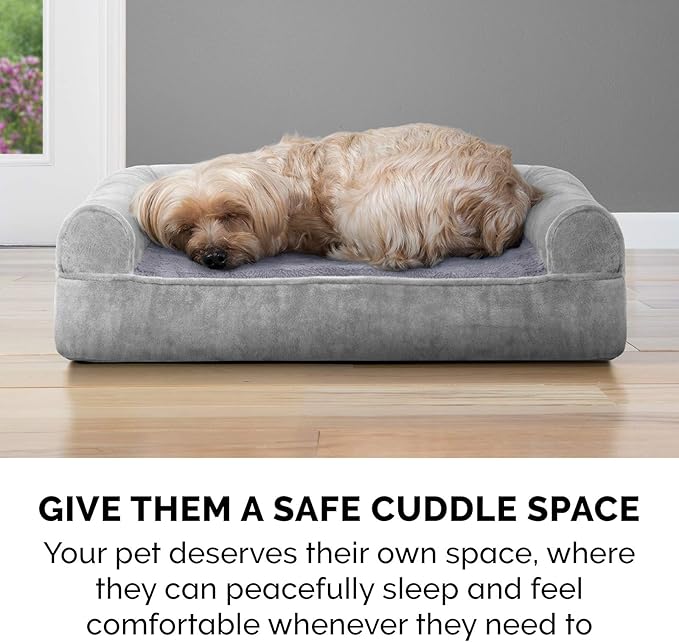 Furhaven Cooling Gel Dog Bed for Large Dogs w/ Removable Bolsters & Washable Cover, For Dogs Up to 125 lbs - Faux Fur & Velvet Sofa - Smoke Gray, Jumbo Plus/XXL