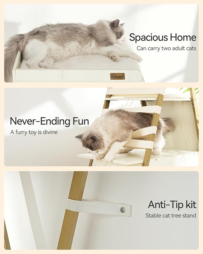FourFurPets 72.4" Cat Tree, Modern Cat Tower for Indoor Cats, Multi-Level Cat Condo with Caves, Tall Cat Tree with Cat Scratching Board, Wooden Cat Tower with Large Perch, Removable Pads, White