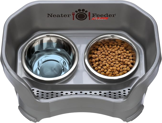 Neater Pet Brands Neater Feeder Deluxe Mess Proof Dog Bowls Elevated for Medium Dogs 19-40 lbs, Made in USA, No Spill Raised Dog Food Bowl Stand Feeding Station, Food and Water Bowl Set, Grey