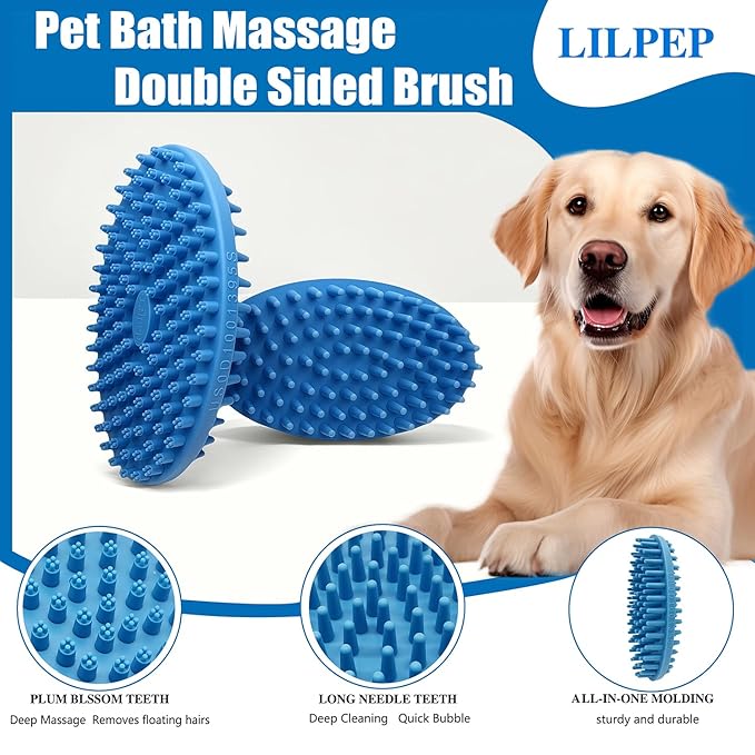 Dog Grooming Brush, Lilpep Pet Shampoo Bath Brush Soothing Massage Rubber Comb with Adjustable Ring Handle for Long Short Haired Dogs and Cats (2 pale blue, 2 sided brush)