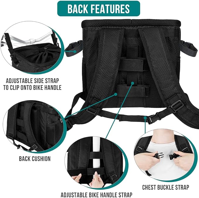 PetAmi Dog Bike Basket, Soft-Sided Ventilated Dog Bike Carrier Backpack, Pet Bicycle Basket for Bike Handlebar, Small Medium Puppy Cat Kitten Car Booster Seat with Safety Strap, Max 18 lbs, Black