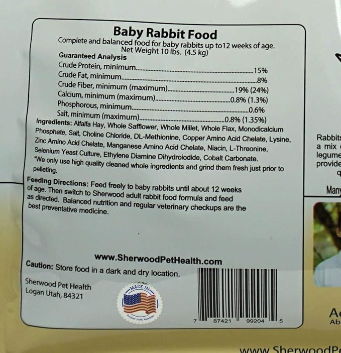 Sherwood Baby Rabbit Food. Hay-Based Pellet. No Wheat, Corn, or Soy for Better Digestion. 10 lbs
