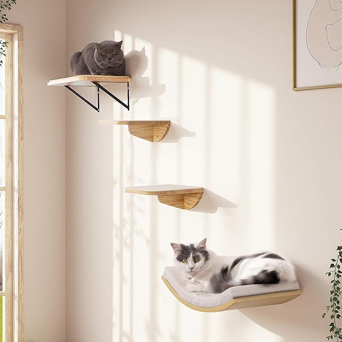 Wall Mounted Cat Steps 2 Pack – Square Wood Cats Shelves with Felt Cushions for Climbing, Jumping & Resting