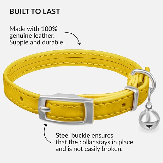 CollarDirect Leather Cat Collar with Bell - Kitten Collar, Small and Big Cat Strap for Boy Cats, Girl Cats with Safety Elastic Strap (Neck Fit 8"-11", Yellow)