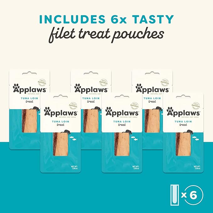 Applaws Natural Cat Treats, Grain-Free, High-Protein Whole Tuna Loins, Single-Ingredient Healthy Snack for Cats (6 x 1.06oz Loins)