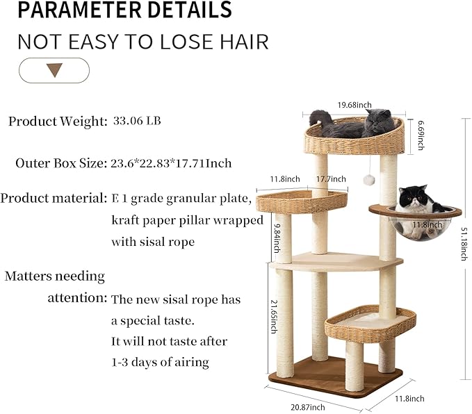 Cat Tree Tower for Indoor Cats, House Condo for Large Cats, Modern Tall Manual Hand Woven With Sisal, Scratching Post, Cute Furniture Activity Centre, Cat Lover Gift