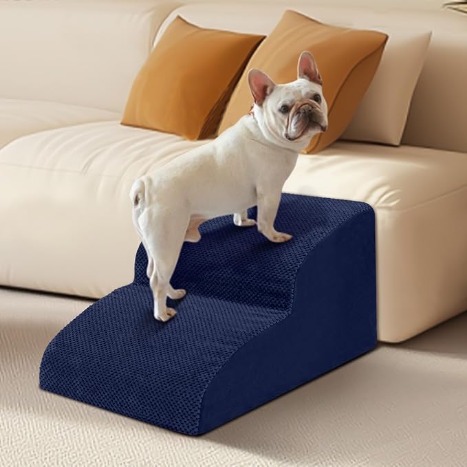 Dog Stairs for Small Dogs - High Density Foam Pet Steps, Extra Wide Dog Ramp with Non-Slip Bottom for High Beds, Couch and Sofa, Best for Dogs Injured, Older Doggy Cats,2 Steps, Navy