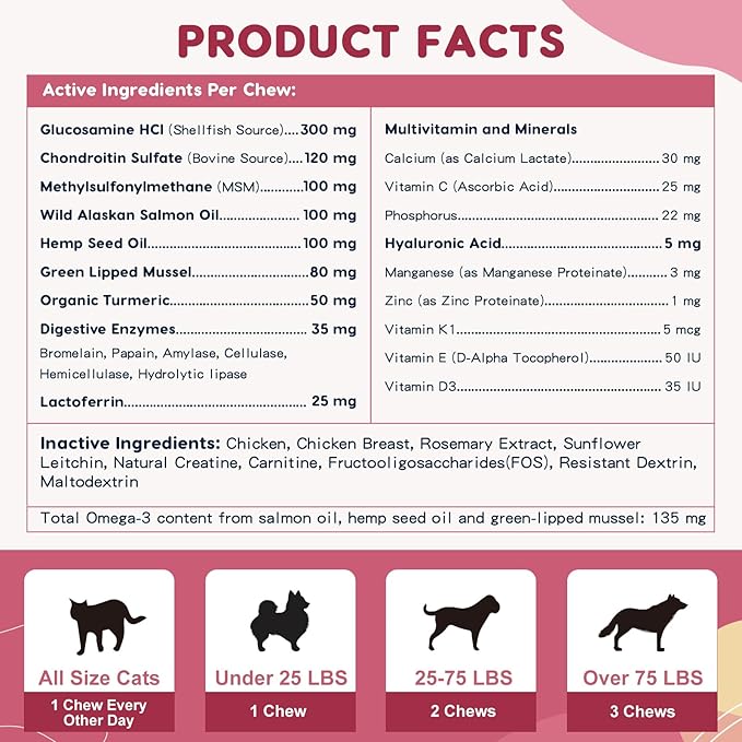Glucosamine for Dogs - Joint Supplement for Dogs with Chondroitin, MSM, Omega 3, Hemp, Turmeric for Dog Joint Pain Relief, Dog Joint Supplement with Calcium Support Cartilage & Bone Health, 180 Chews