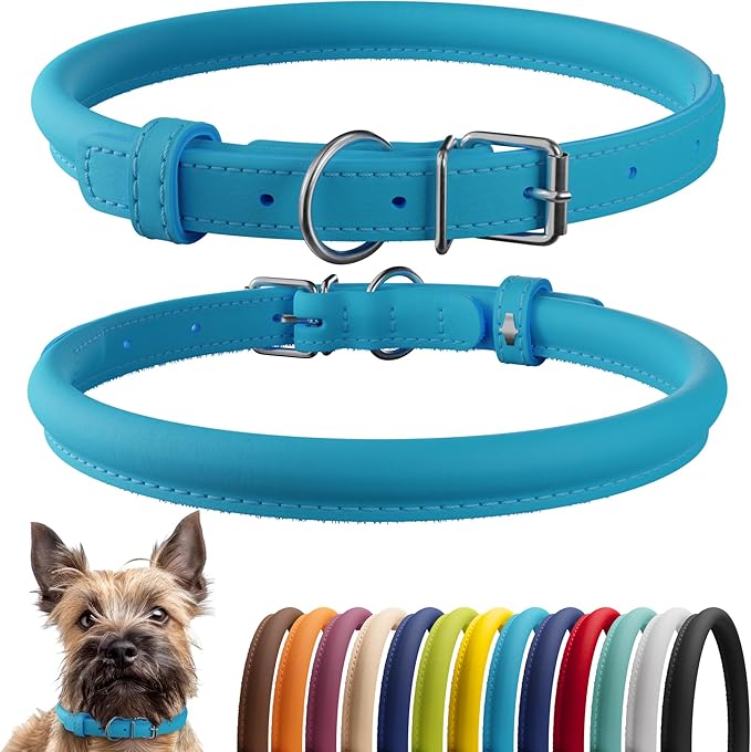 CollarDirect Rolled Leather Dog Collar, Soft Padded Round Puppy Collar, Handmade Genuine Leather Collar Dog Small Large Cat Collars 13 Colors (6-7 Inch, Light Blue)