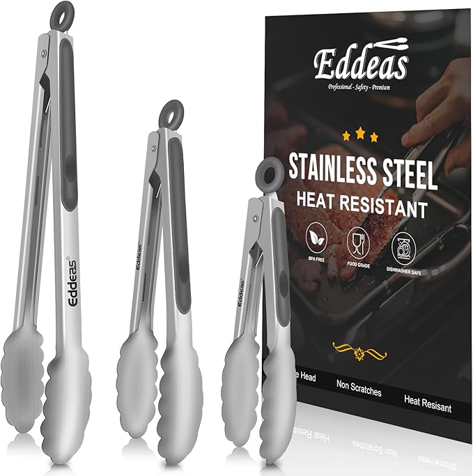 Tongs For Cooking - Heat Resistant 600 Degrees Stainless Steel Kitchen Tong,Heavy Duty Metal Locking Tongs - Perfect for Food, BBQ set of 3 (7",9" and 12") Grey