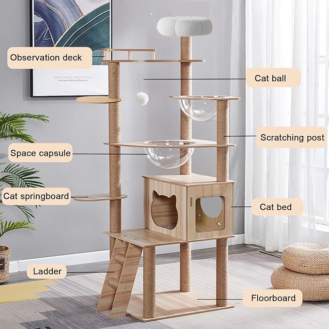 67-Inch Cat Tree for Indoor Cats Large Adult,Cat Tree Tower with Condo, Cat Stairs, 2 Bowl,14 Sisal Scratching Posts, Top Perch, with Padded Platform Bed,Toy Balls,Larg Large cat Tree.B12