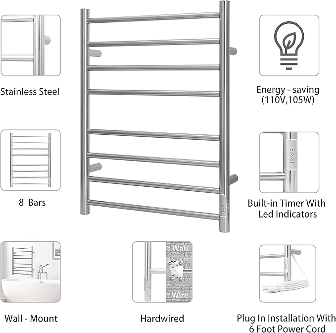 KEG Towel Warmer Wall Mounted with Built-in Timer 8 Bars Electric Stainless Steel Heated Towel Racks for Bathroom, Hot Plug-in Bath Towel Heater Brushed Nickel (TW-8-BN)