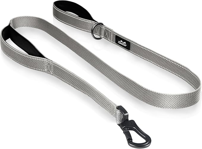 TwoEar 4FT 1IN Strong Gray Dog Leash with 2 Padded Handles, Traffic Handle Extra Control, Comfortable Soft Dual Handle, Auto Lock Hook, Reflective Walking Lead for Small Medium and Large Dogs