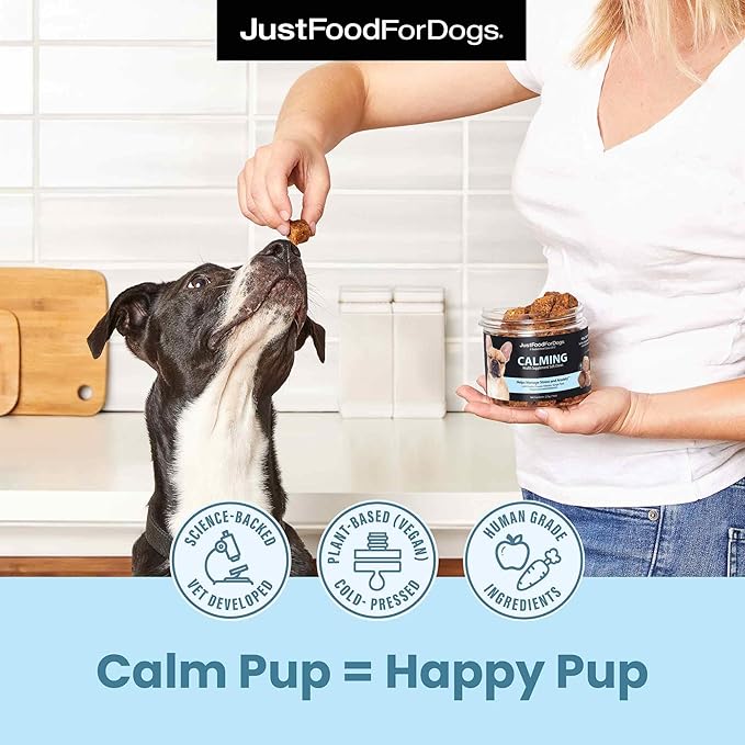 JustFoodForDogs Calming Supplement for Dogs Soft Chew to Support Stress and Anxiety, Melatonin, Relaxation Aid, Human-Grade Ingredients - 45 Count