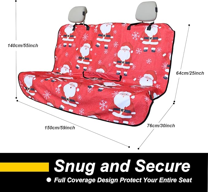 Back Seat Cover for Car Trucks Van SUV,Waterproof Rear Bench Towel Seat Covers for Dogs and Kids,Automotive Backseat Protector (Santa Claus)