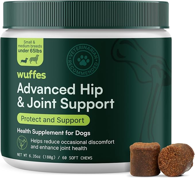 Wuffes Advanced Dog Hip and Joint Supplement with Glucosamine, Chondroitin, Omega 3, MSM, and Green Lipped Mussel, 60 Pork Flavored Chews for Small and Medium Dog Breeds