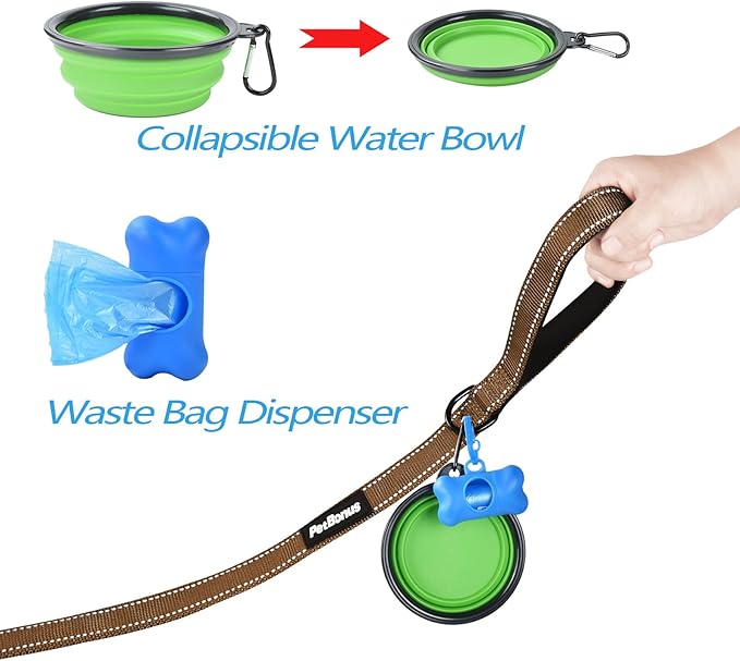 PetBonus Double Dog Leash, No Tangle Dual Leash, Reflective Walking Training Lead, 4 Comfortable Padded Handles for 2 Dogs with Collapsible Bowl and Waste Bags (Brown, Large)