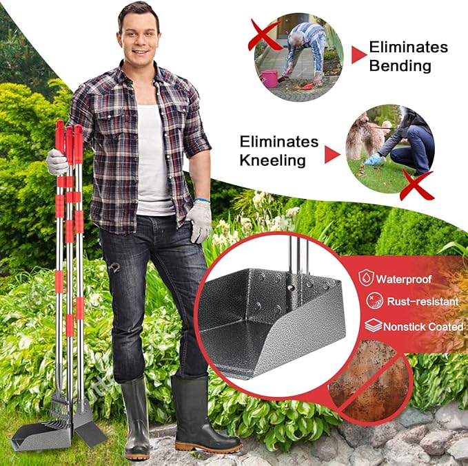 Pooper Scooper, Long Handle Dog Pooper Scooper, Heavy Duty Stainless Steel Rake with Tray & Spade Set for Pet Waste Removal, for Grass, Dirt or Gravel