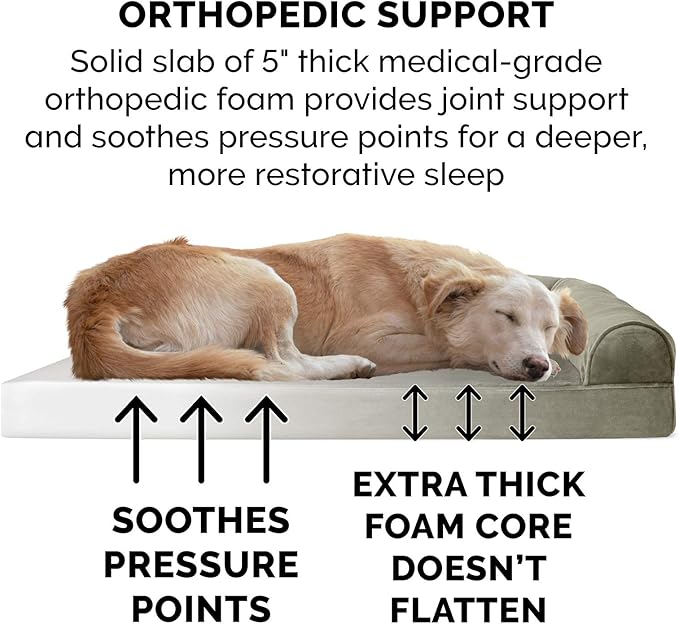 Furhaven Orthopedic Dog Bed for Large Dogs w/ Removable Bolsters & Washable Cover, For Dogs Up to 125 lbs - Faux Fur & Velvet Sofa - Dark Sage, Jumbo Plus/XXL
