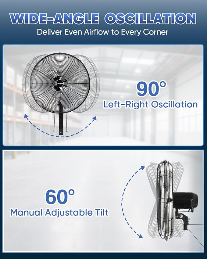 KEN BROWN 20 Inch Industrial Oscillating Wall Mount Fan 5500CFM,Heavy Duty,High Velocity,3- Speed,Black