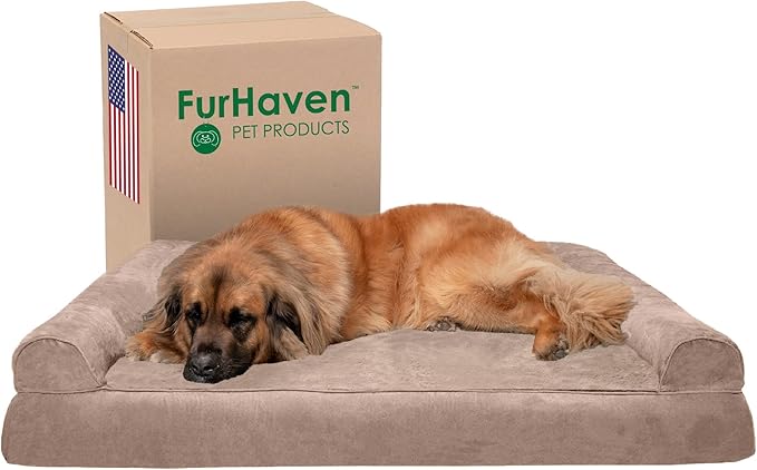 Furhaven Orthopedic Dog Bed for Large Dogs w/ Removable Bolsters & Washable Cover, For Dogs Up to 125 lbs - Plush & Suede Sofa - Almondine, Jumbo Plus/XXL