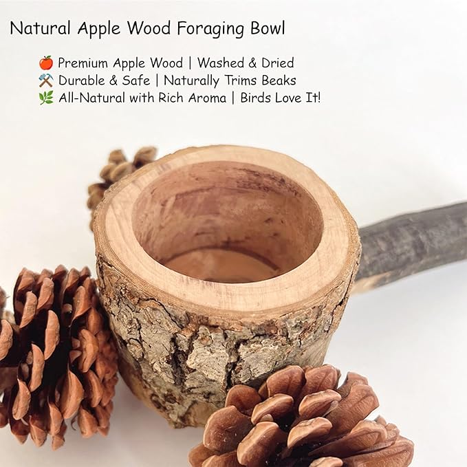 Bird Perch with Safe Bowl Wood & Pinecones - Bird Toys Chew Toys 100% Natural & Durable for Cockatiel, Conure, Budgie, Lovebird, Parakeet - Birdcage Accessory for Foraging & Oral Health
