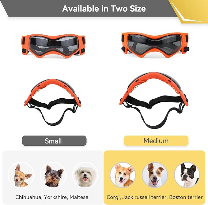 Dog Goggles Dog Sunglasses for Medium Breed UV Protection Windproof with Adjustable Head Straps Chin Straps for Ride Car/Hiking Travel/On Beach-Orange