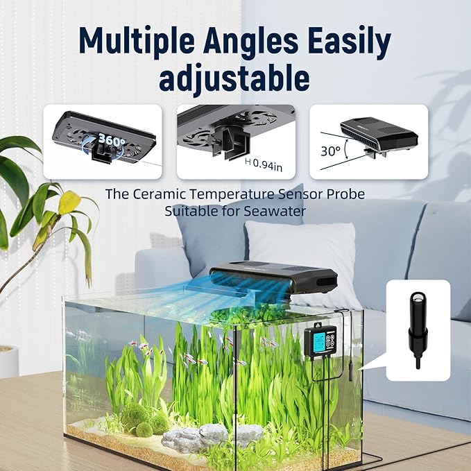 Aquarium Chiller Fan,Fish Tank Cooler with Temperature Control,Minimum Setting 59℉,Auto Start/Stop,Refrigeration Effect 5.4-9℉,3-Speed Modes,for Axolotl Seawater Freshwater Coral Grass Tank
