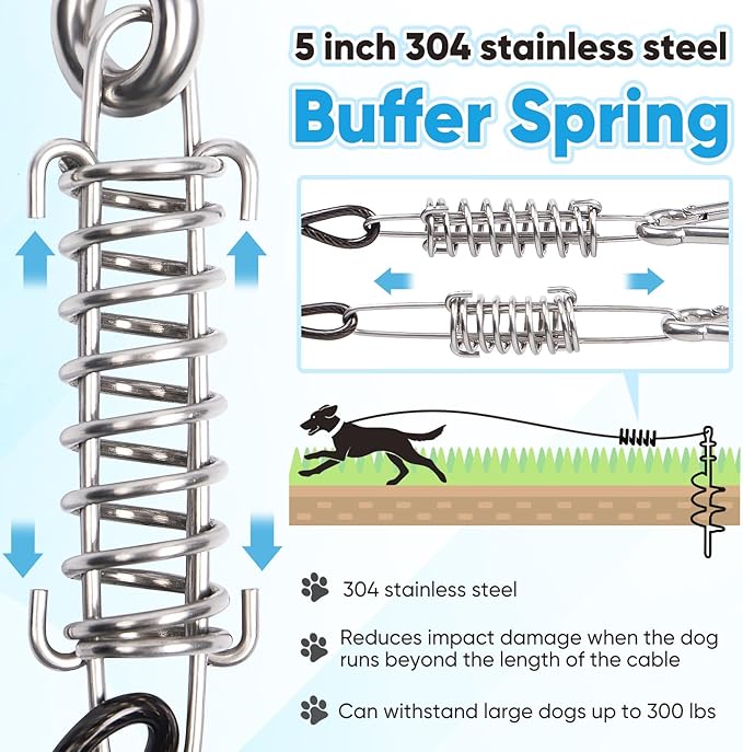 Heavy Duty Dog Tie-Out Cable and Stake for Yard Camping, with 30ft Heavy Duty Cable with Spring, for Small Medium Large Dogs up to 210 lbs, 360°Swivel Dog Run- No Tangle, Spiral Dog Stake