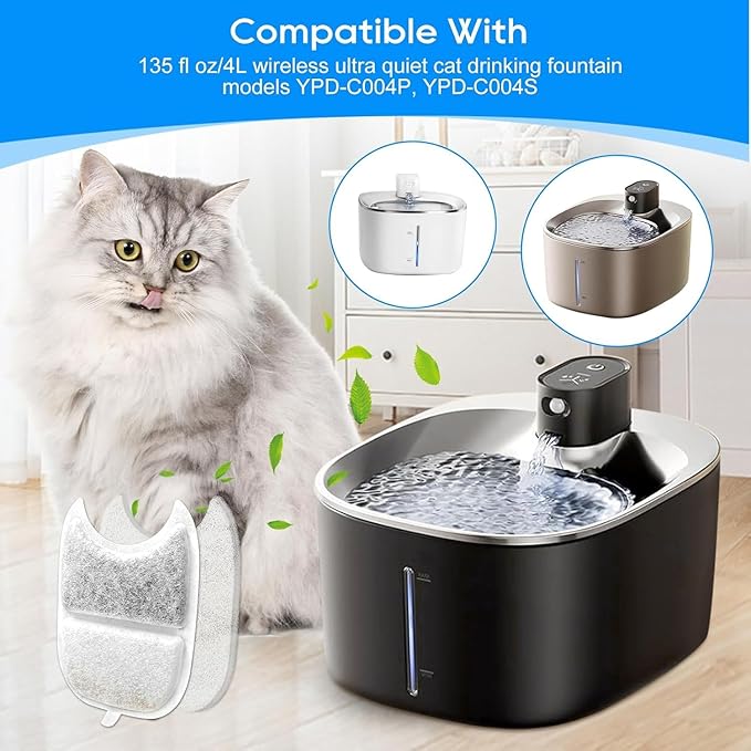 6 Set Cat Water Fountain Filters & Sponges for 135 fl oz/4L Wilreless Cats Drinking Water Fountain, Cat Fountain Pump Replacement, YPD-C004P YPD-C004S Pet Fountain Replacement Filter