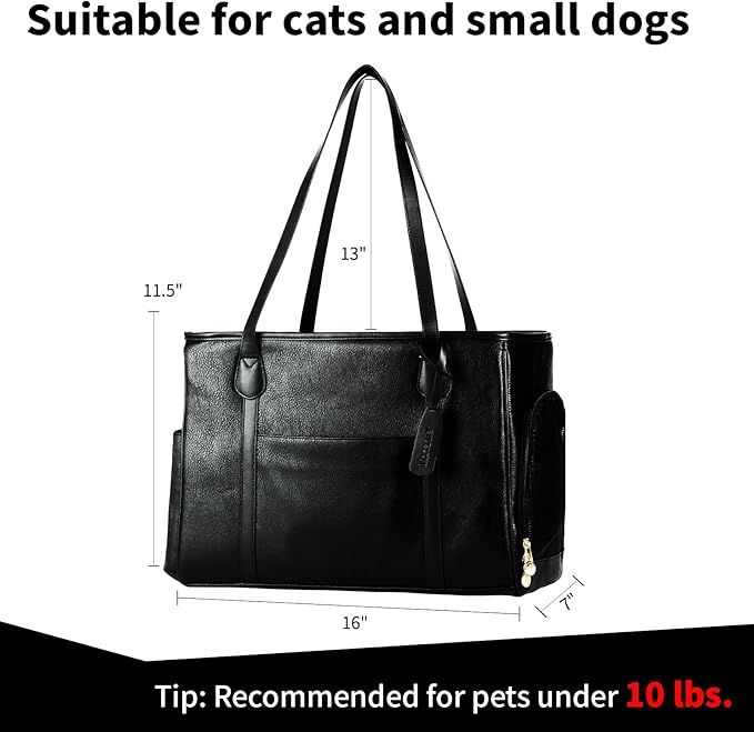 Stylish Dog Purse Carrier, Leather Pet Carrier Bag for Small Dogs Cats Puppy, Airline Approved Soft-Sided Carrier Black