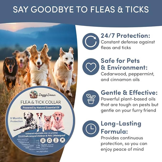 Flea and Tick Collar for Dogs, Cats – Natural Essential Oils – Long-Lasting 8 Month Protection – Waterproof, Adjustable – Safe for Puppies, Kittens, Sensitive Skin