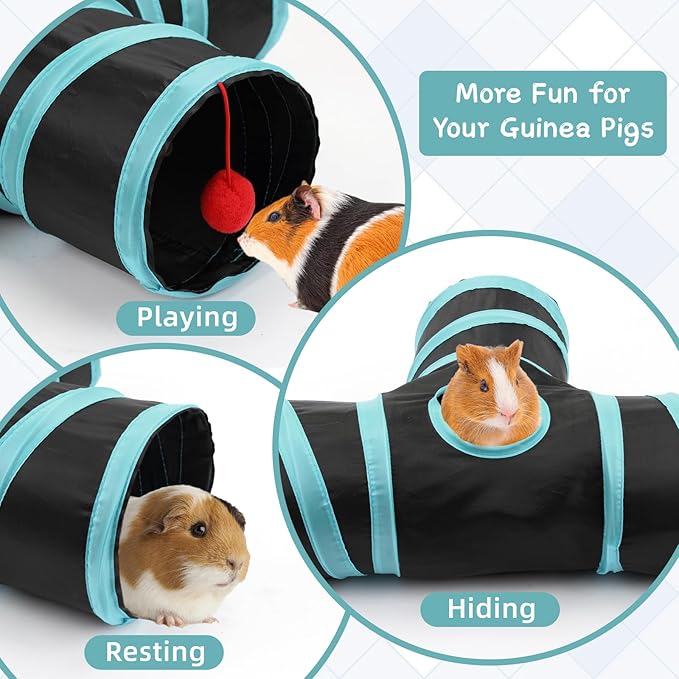 Rypet Guinea Pig Tunnel, 3 Way Collapsible Rabbit Tunnel, Small Pet Tunnels and Tubes with Interactive Ball for Rabbit Ferret Hamster Chinchilla Hedgehog Hiding and Resting