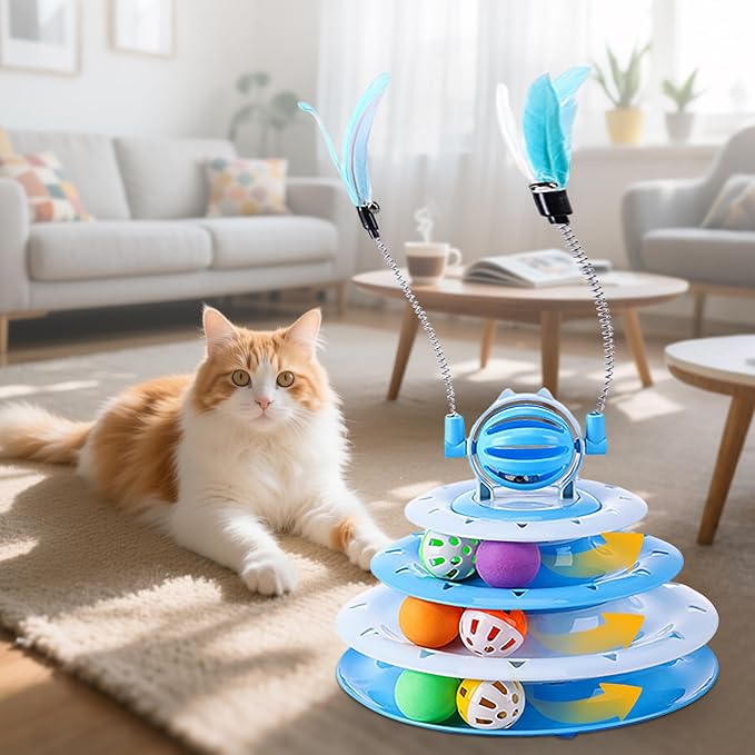 Vealind Cat Toy Roller 4-Level Turntable Cat Toys Balls with Colorful Pom Pom Balls Interactive Fun Mental Physical Exercise Puzzle Kitten Toys (Blue)