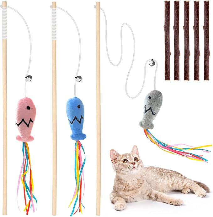 Natural Wood Cat Wand Toy with Ribbon Fish Teaser - 3pcs, 16 Inch, Indoor Cat Exerciser & Playing Kitten Toy, Bonus 5pcs Catnip Sticks for Teeth Cleaning