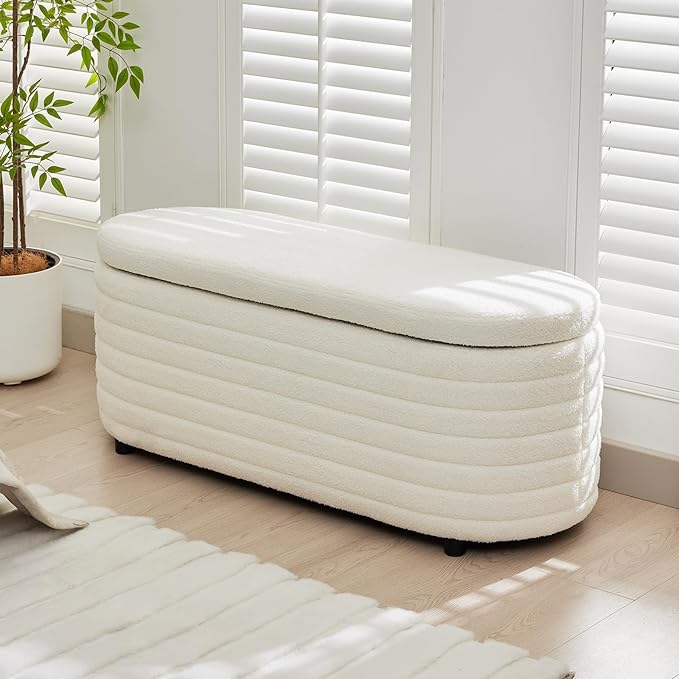Storage Teddy Ottoman Bench Upholstered Fabric Storage Bench End of Bed Stool with Safety Hinge for Bedroom, Living Room, Entryway, Closet(44.5", White)
