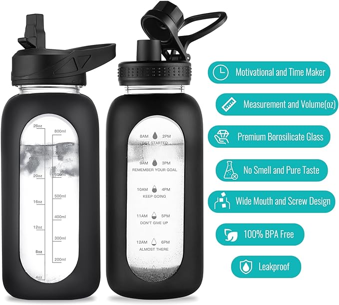 32 oz Glass Water Bottle with Straw and Handle, Sports Motivational Water Flask with Silicone Sleeve, Large Leakproof Water Flask Cup with Time Marker for Travel, Gym, Black