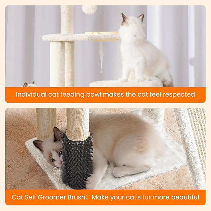 Heybly Cat Tree with Cat Self Groomer Brush, Cat Tower Condo for Indoor Cats with Padded Plush Perch, Cat House with Basket Scratching Board Post, Beige HCT005SM