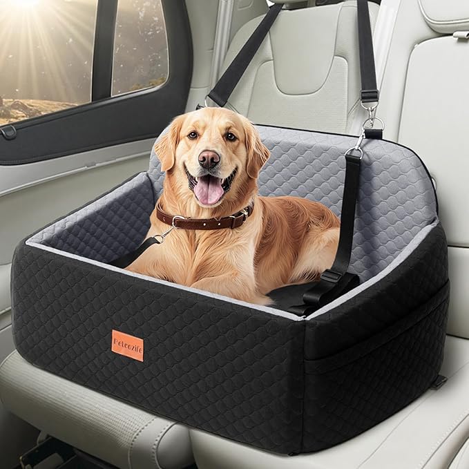 Dog Car Seat for Large Medium Dogs, Pet Car Seat Under 55 lbs or 2 Puppies, Removable Washable Pets Travel Booster Bed for Automotive Backseat with Comfy Thick Cushion, 2 Safety Leashes(Black/Gray)