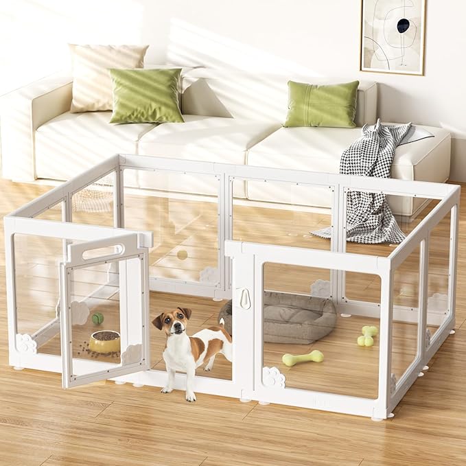 Acrylic Clear Dog Play Pen Indoors, Puppy Playpen with Door for Small Dogs Puppies, Transparent Plastic Pet Playpen Cage Fence Crate Kennel for Cat Kitten Rabbit Bunny Ferret etc (White-10 Panels)