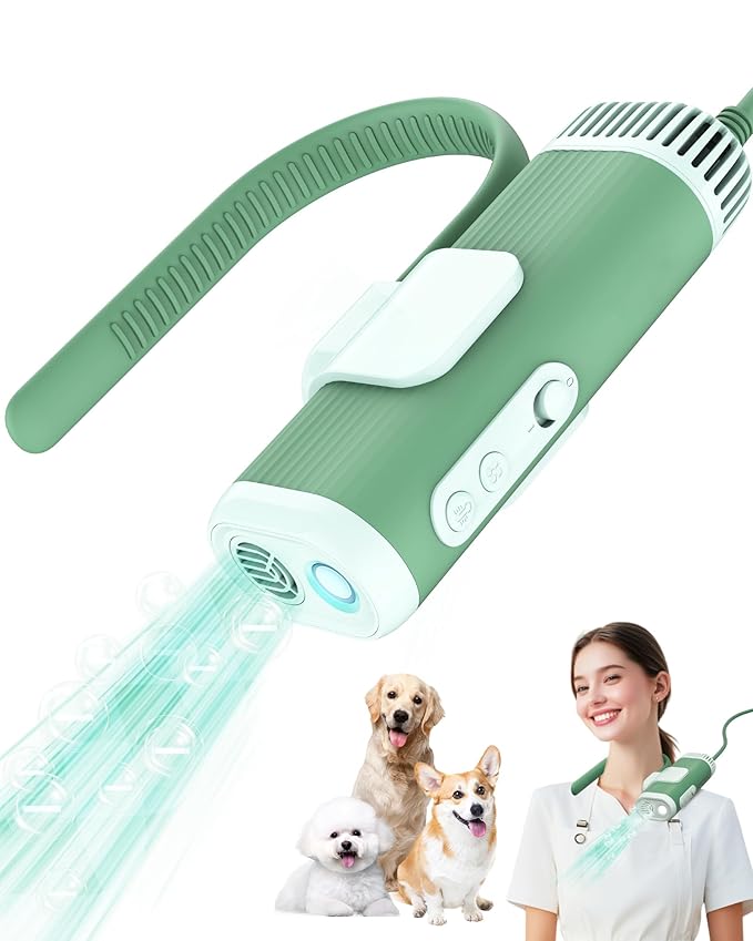 Hands-Free Dog Hair Dryer – Low Noise Pet Grooming Blower for Small & Medium Dogs Cats, Fast Drying, Adjustable Heat & Speed, Portable (Green)