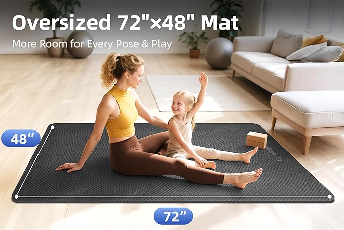 Extra Large Yoga Mat - 72"x35", 72"x48", 78"x57" - Wide TPE Exercise Mat for Home, Stretching, Couples & Family Workouts - 6-12mm Thick, Non-Slip & Waterproof - with Carry Bag and Straps