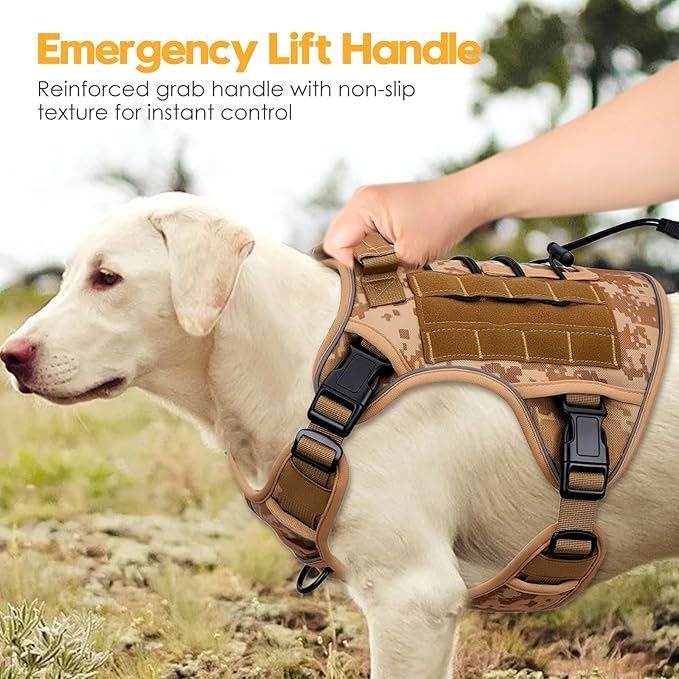 Heavy-Duty Tactical Dog Harness for Large Dogs, No Pull Adjustable Reflective Pet Vest with Molle System, K9 Military-Grade Control for Service Training, Outdoor & 10+ Breeds, Khaki Camo, X-Large