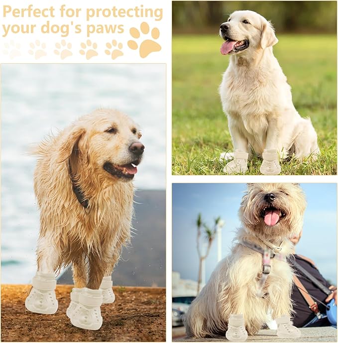 Dog Shoes, Dog Sandals for Hot Pavement, Non-Slip Waterproof Dog Booties for Winter Snowy Day and Summer, Adjustable Straps Easy-Clean Beach Outdoor Pet Boots Rugged Sole-4Pcs Beige