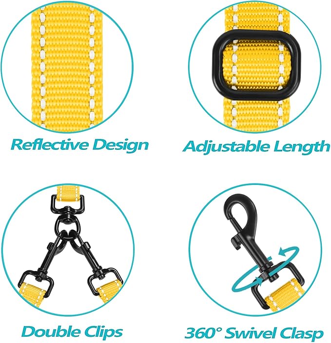 PetBonus Double Dog Leash, No Tangle Dual Leash, Reflective Walking Training Lead, 4 Comfortable Padded Handles for 2 Dogs with Collapsible Bowl and Waste Bags (Yellow, Large)