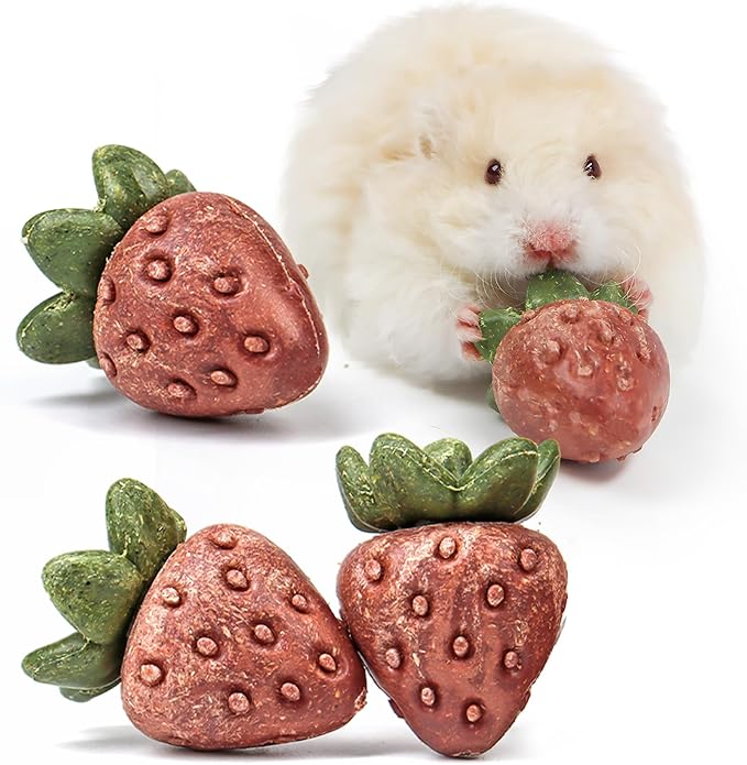 TEEWY 4PCS Hamster Chew Toys, Guinea Pig Chew Toys for Teeth with Natural Vegetables and Timothy Grass, Chinchilla Toys,Dental Care for Rats/Guinea Pigs/Hamsters and Gerbil, Strawberry-Shape