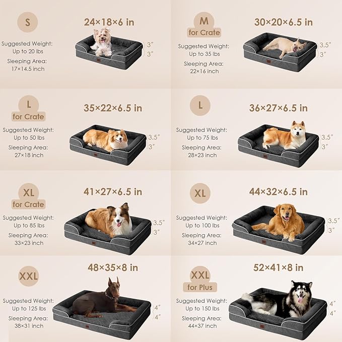 EHEYCIGA Orthopedic Dog Beds for Large Dogs, Waterproof Memory Foam Large Pet Bed with Sides, Non-Slip Bottom and Egg-Crate Foam Dog Couch Bed with Washable Removable Cover, Dark Grey