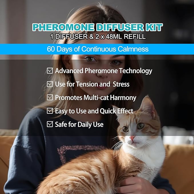 Cat Calming Diffuser, Cat Pheromones Calming Diffuser with 1 Diffuser + 2 Refills 48ml, Cat Anxiety Relief Cat Pheromone Diffuser Kit 60 Days, Pheromone Diffuser to Calm Cats